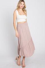 Light Pink Linen Ruffle Hem Side Slit Midi Skirt