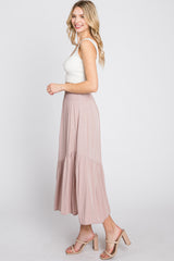 Light Pink Linen Ruffle Hem Side Slit Midi Skirt