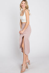 Light Pink Linen Ruffle Hem Side Slit Midi Skirt