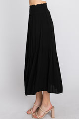 Black Linen Ruffle Hem Side Slit Midi Skirt