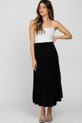 Black Linen Ruffle Hem Side Slit Maternity Midi Skirt