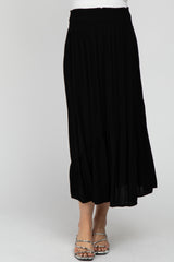 Black Linen Ruffle Hem Side Slit Maternity Midi Skirt