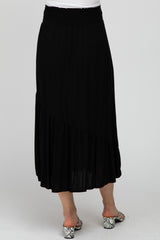 Black Linen Ruffle Hem Side Slit Maternity Midi Skirt