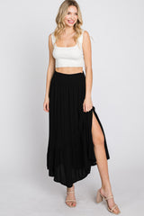 Black Linen Ruffle Hem Side Slit Midi Skirt