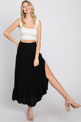 Black Linen Ruffle Hem Side Slit Midi Skirt