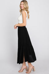 Black Linen Ruffle Hem Side Slit Midi Skirt