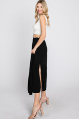 Black Linen Ruffle Hem Side Slit Midi Skirt