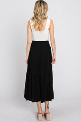 Black Linen Ruffle Hem Side Slit Midi Skirt