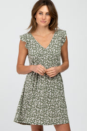 Olive Floral Ruffle Sleeve Dress