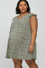 Olive Floral Ruffle Sleeve Maternity Plus Dres