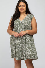 Olive Floral Ruffle Sleeve Plus Dres