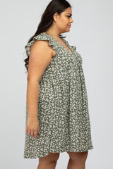 Olive Floral Ruffle Sleeve Plus Dres