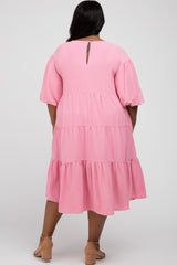 Pink Puff Sleeve Tiered Plus Dress