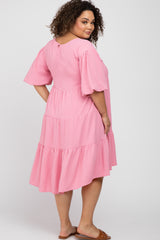 Pink Puff Sleeve Tiered Maternity Plus Dress