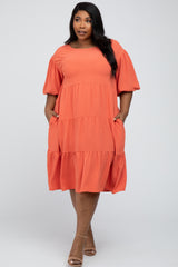 Coral Puff Sleeve Tiered Maternity Plus Dress