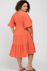 Coral Puff Sleeve Tiered Maternity Plus Dress