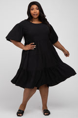 Black Puff Sleeve Tiered Plus Dress