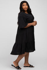 Black Puff Sleeve Tiered Plus Dress