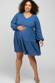 Blue Ruffle Tiered Maternity Plus Dress