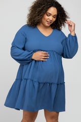 Blue Ruffle Tiered Maternity Plus Dress