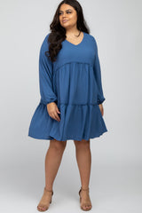 Blue Ruffle Tiered Maternity Plus Dress