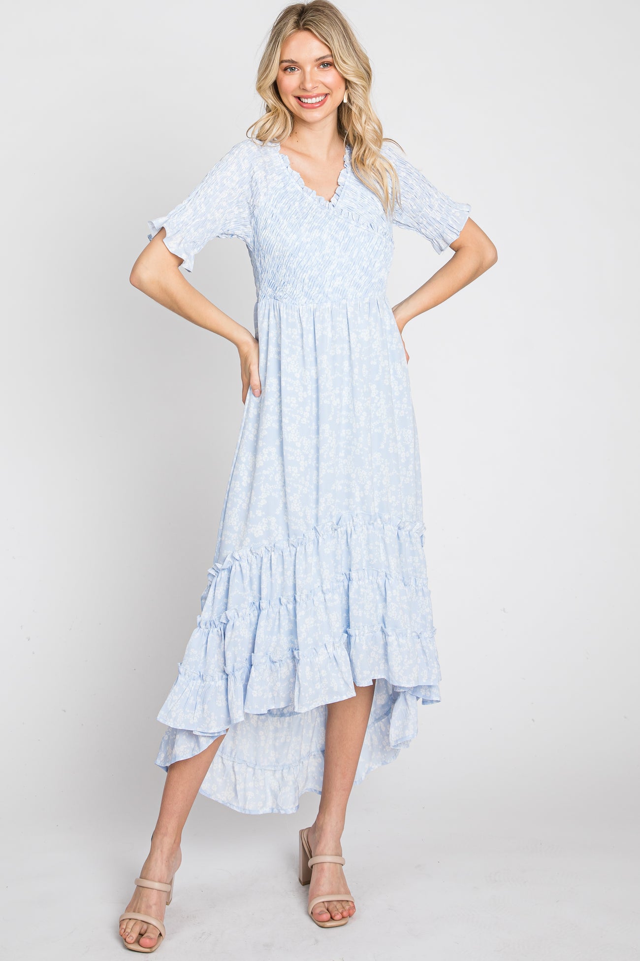 Light Blue Floral Ruffle Hi-Low Hem Maternity Dress– PinkBlush