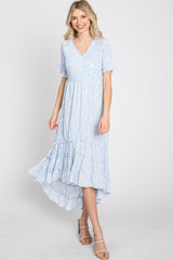 Light Blue Floral Ruffle Hi-Low Hem Dress