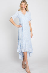 Light Blue Floral Ruffle Hi-Low Hem Dress