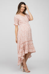 Mauve Floral Ruffle Hi-Low Hem Maternity Dress