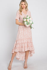 Mauve Floral Ruffle Hi-Low Hem Maternity Dress