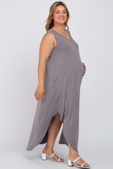 Grey V-Neck Basic Maternity Plus Maxi Dress