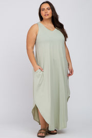 Light Green V-Neck Basic Plus Maxi Dress