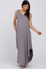 Mocha V-Neck Basic Maternity Maxi Dress