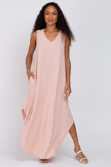 Light Pink V-Neck Basic Maternity Maxi Dress