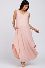 Light Pink V-Neck Basic Maternity Maxi Dress