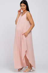 Light Pink V-Neck Basic Maternity Maxi Dress