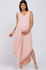 Light Pink V-Neck Basic Maternity Maxi Dress