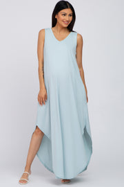 Light Blue V-Neck Basic Maternity Maxi Dress