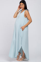 Light Blue V-Neck Basic Maternity Maxi Dress