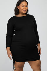 Black Ribbed Ruched Maternity Plus Dress