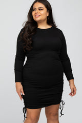 Black Ribbed Ruched Plus Dress