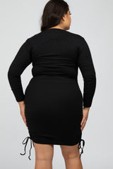 Black Ribbed Ruched Plus Dress