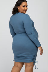 Blue Ribbed Ruched Maternity Plus Dress