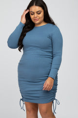 Blue Ribbed Ruched Plus Dress