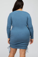 Blue Ribbed Ruched Plus Dress