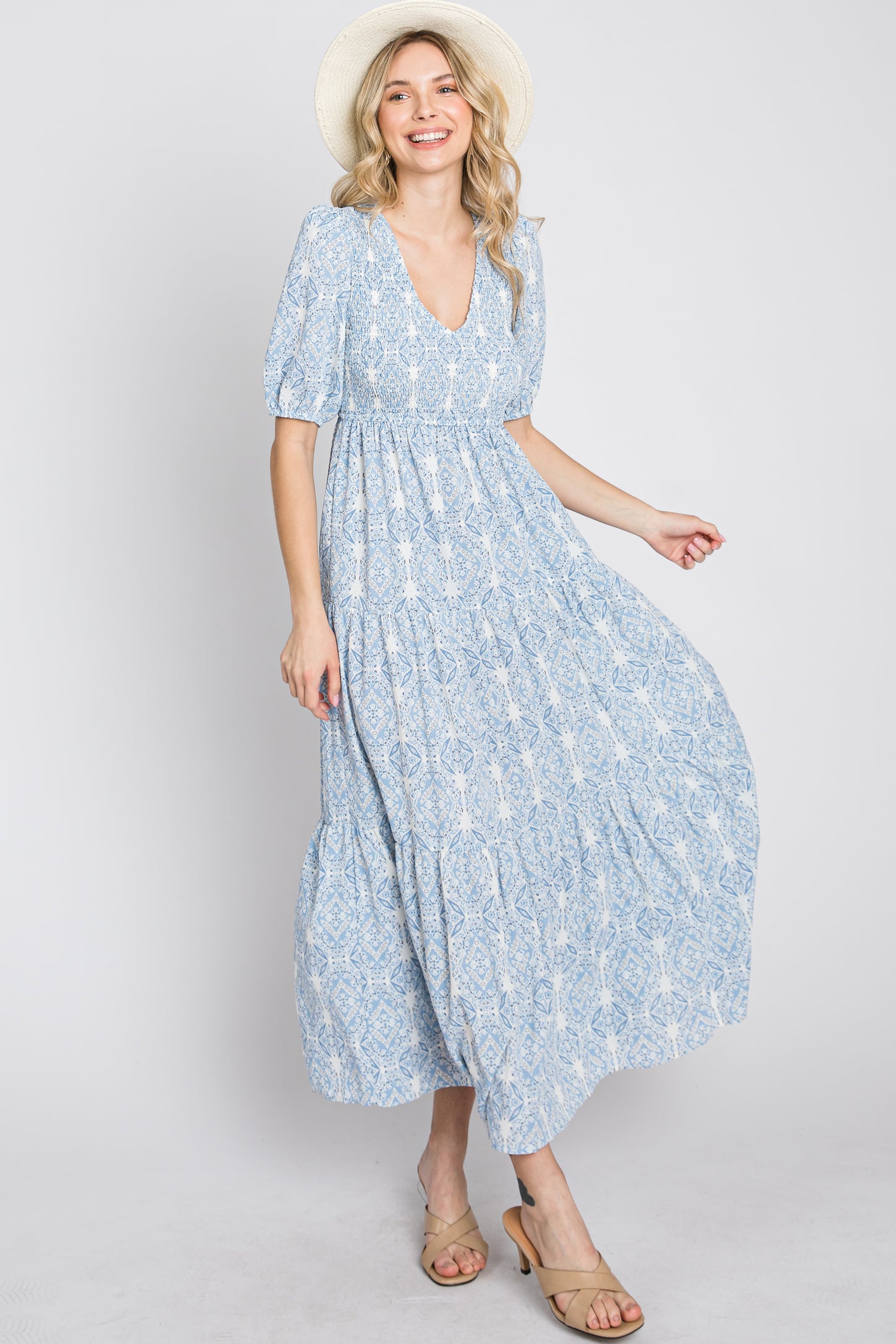 Blue Paisley Print Smocked Tiered Maxi Dress – PinkBlush