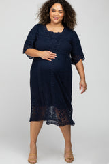 Navy Lace Overlay Midi Maternity Plus Dress