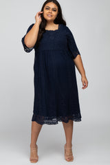 Navy Lace Overlay Midi Plus Dress