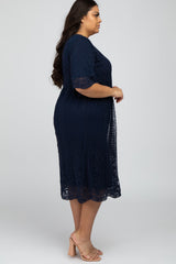 Navy Lace Overlay Midi Plus Dress