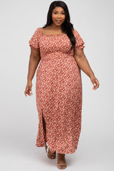 Rust Floral Side Slit Plus Maxi Dress